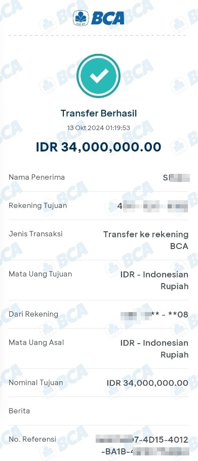 Salah satu bukti pembayaran di 8Togel