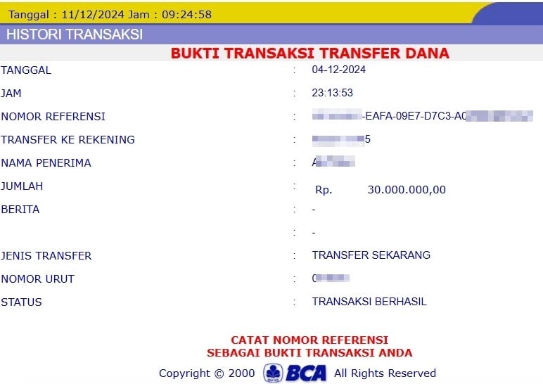 Salah satu bukti pembayaran di 8Togel